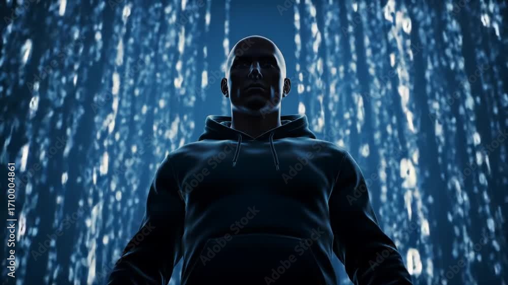 Poster bald figure in black hoodie against binary code background