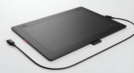 Modern Black Graphics Drawing Tablet with USB-C Cable on White Background