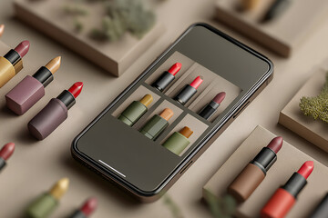 スマホと口紅ディスプレイのおしゃれなビューティーシーン