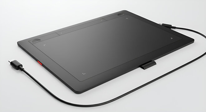 Modern Black Graphics Drawing Tablet with USB-C Cable on White Background