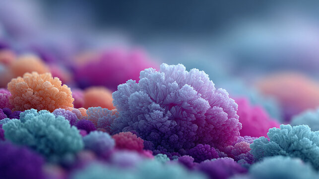 Fototapeta Abstract colorful formations resemble coral or plant life in a vibrant, otherworldly landscape. Dreamy, artistic background. For themes of growth, creativity, and imagination.