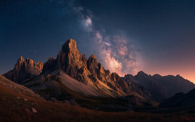 Naklejka premium The majestic dolomites under the starry sky, showcasing the breathtaking beauty of nature in italy's iconic mountain range