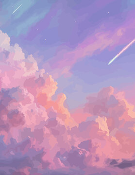 Ciel pastel vectoriel, nuages doux, fond, style aquarelle