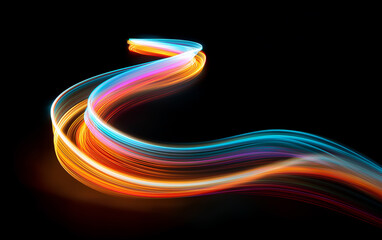 A single, colorful light trail on a black background. the trail is long and winding in the shape of an s-shape