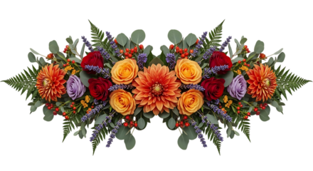 Symmetrical floral arrangement with dahlias and ferns isolated on transparent background