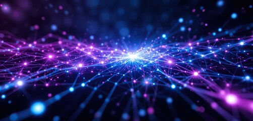 Obraz premium Abstract visualization of a complex digital network with a brilliant light burst and glowing blue and magenta nodes