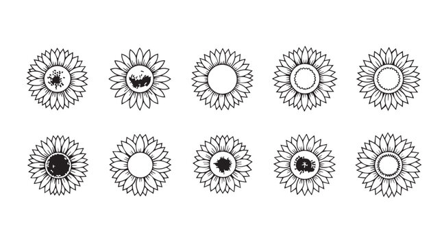 Ten detailed line art sunflower icons abstract geometric floral elements for graphic design projects silhouette