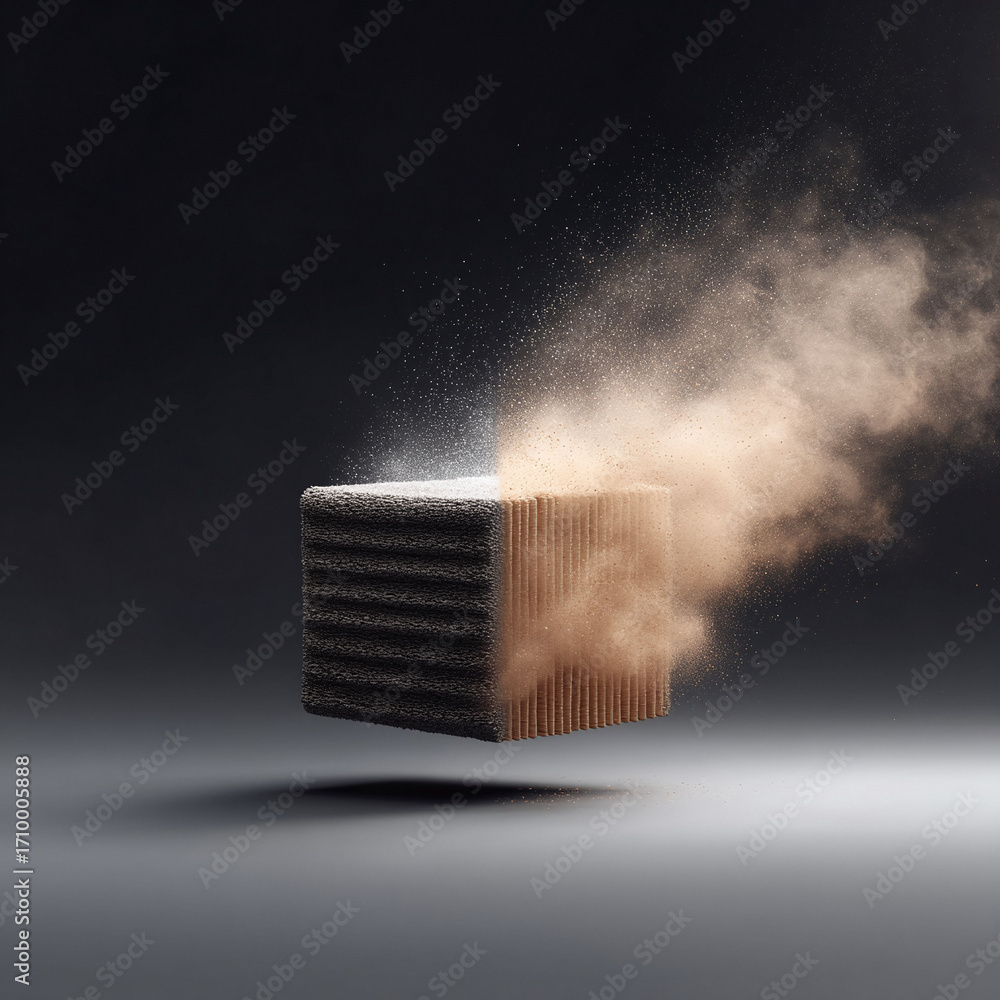 Poster abstract cube dissolving into particles. conceptual image symbolizing disintegration, transformation