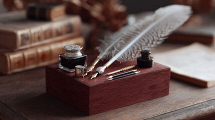 Vintage still life featuring quill pens, inkwells, antique books on a rustic wooden desk. Evokes nostalgia, creativity, and the art of writing. Perfect for historical, literary, or creative projects.