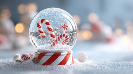 Festive christmas snow globe with candy cane on snow in clear glass ball, realistic 3d plastic style holiday decoration featuring winter scene and greeting concept for merry christmas and happy new ye