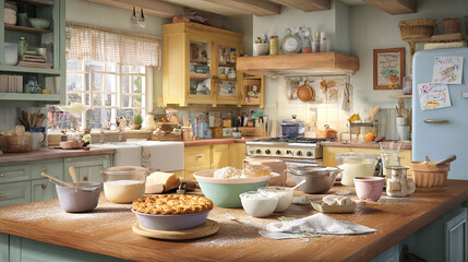 Fototapeta premium Cozy kitchen scene. A rustic, charming kitchen counter displays baking ingredients. Ideal for food blogs, lifestyle articles, familythemed content.