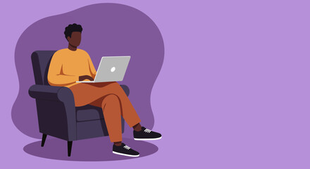 Young Black man comfortably working on a laptop in an armchair. Illustrates remote work, online education, freelancing, or digital lifestyle concepts.