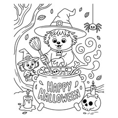 Spooky Halloween themed coloring book page featuring classic monsters and festive elements for children creative fun
