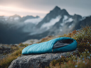 Fototapeta premium Sleeping bag outdoors. Adventure concept. Resting in nature, travel, freedom, and escape. Exploration for brochures, blogs, camping gear and promotions.