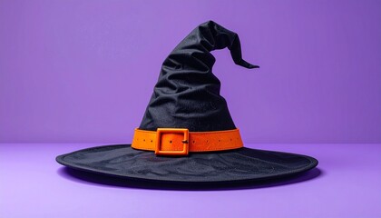 Classic black witch hat with wide brim and bent tip, featuring a bright orange belt and square buckle, set against a solid purple background