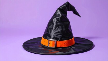 Classic black witch hat with wide brim and bent tip, featuring a bright orange belt and square buckle, set against a solid purple background