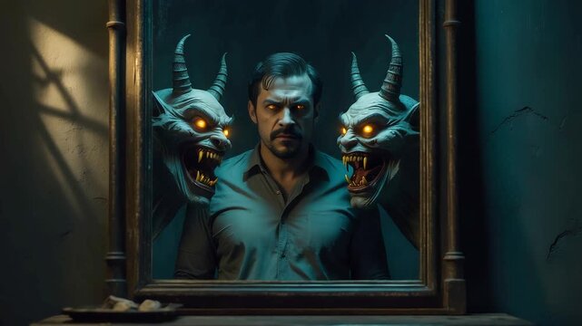 Man standing in front of mirror with two demonic creatures emerging from reflection, glowing eyes, dark horror atmosphere and surreal fantasy scene