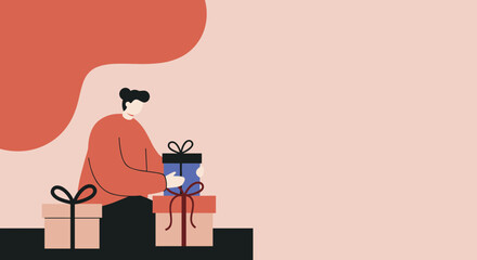 A person is holding a gift box surrounded by other presents, symbolizing joy and generosity during a special occasion or holiday celebration.
