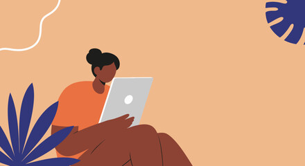 Modern woman working remotely on laptop with abstract tropical leaves. Ideal for digital nomad, online learning, freelance, or productive lifestyle concepts.