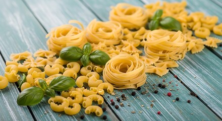 Pasta Variety on Wooden Table.