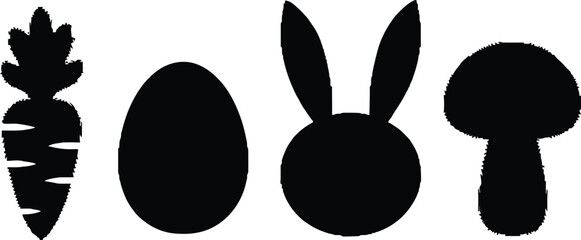 Simple black silhouettes of Easter icons including a carrot, egg, bunny face, and mushroom on a white background.