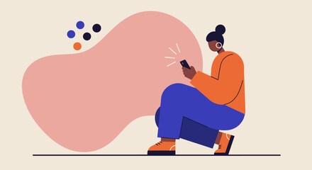 Modern illustration of a person engaging with their smartphone, symbolizing digital communication, social media, and online interaction. Ideal for tech, lifestyle, or business concepts.