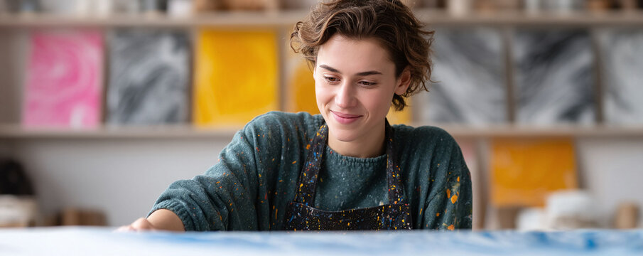 Creative woman painting in her studio. Artist at work, expressing herself through colors. Ideal for art, creativity, small business, or personal development content.