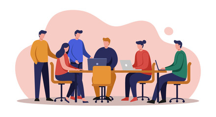 Diverse business team collaborating in an office meeting, brainstorming ideas, and working together on laptops for project success.