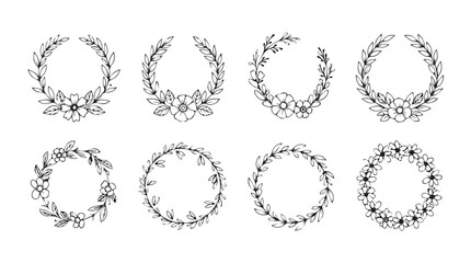 Collection of hand-drawn floral wreaths and botanical elements for elegant design applications silhouette