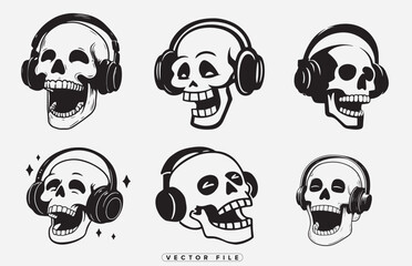 Obraz premium Six stylized skulls wearing headphones expressing varied emotional states