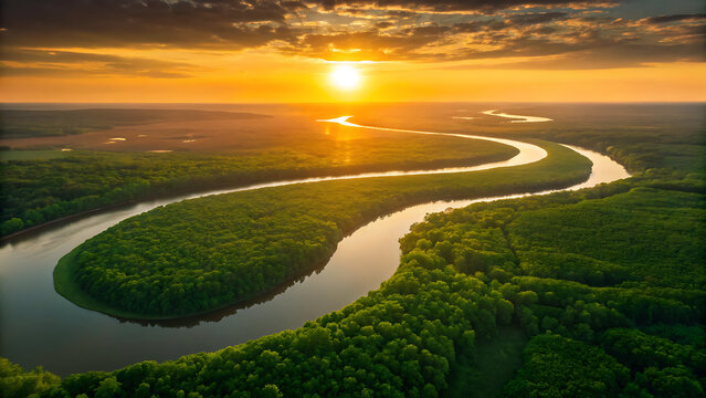 Serpentine river winding through lush green rainforest at sunset