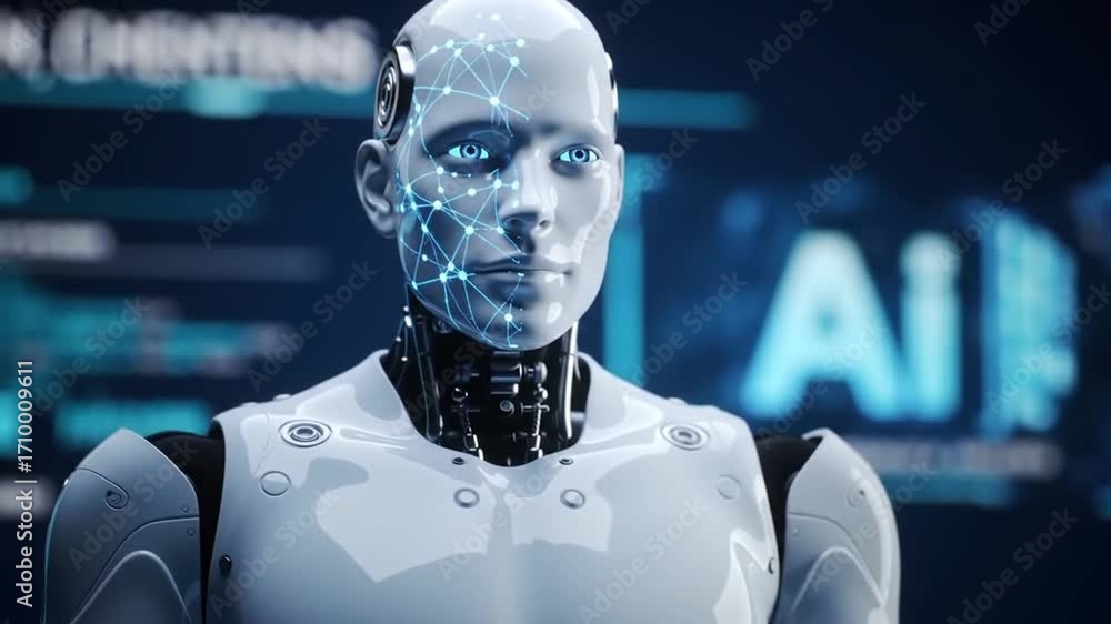 Poster futuristic white robot with blue network interface display in soft lighting