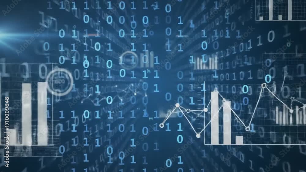Poster futuristic binary code background with dynamic data charts
