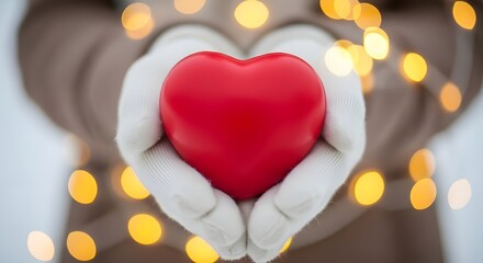 Hands wearing white gloves hold a red heart with bokeh lights