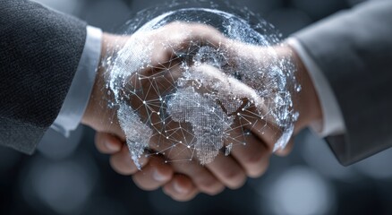 Two hands shaking, symbolizing global partnership, with a glowing world graphic overlay