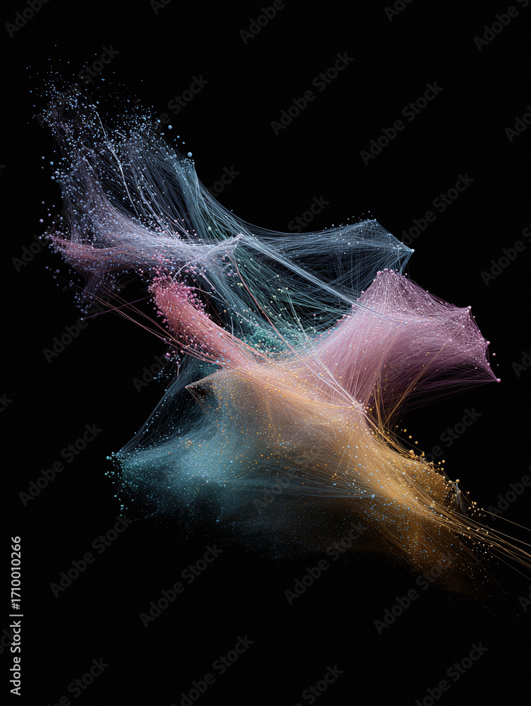 Poster abstract network visualization with interconnected dots and lines on black. concept for data, techno