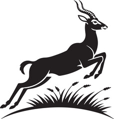 Elegant black silhouette of a gazelle leaping gracefully over grass with wild grace text
