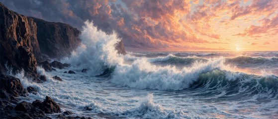 Naklejka premium Dramatic Seascape Painting: Waves Crashing on a Rocky Shore at Sunset. An awe-inspiring painting capturing the raw power of the ocean as large, foamy waves crash against a rugged, rocky coastline.