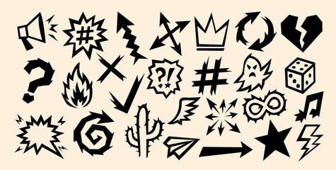Effect element comic icon appears where a cute line sketch forms bold graphic symbols. Effect element comic vector set shows arrows, dice, ghost, infinity, cactus and fire signs.