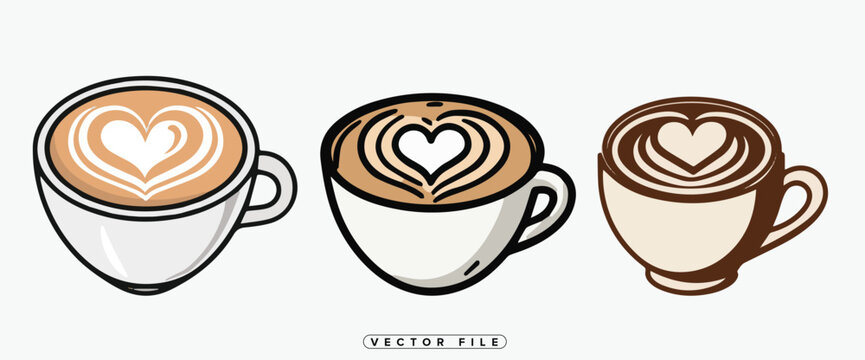 Three illustrated coffee cups with heart shaped latte art designs
