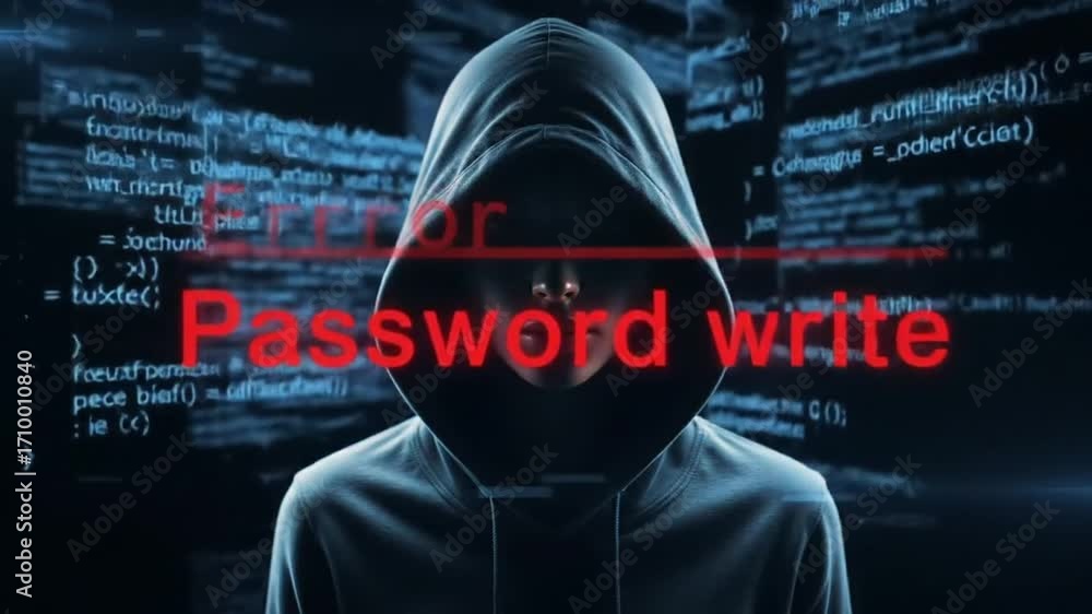 Poster hooded figure in shadow with digital code overlay and password error