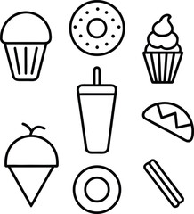 Black outline illustrations of assorted baked goods and drinks cupcake muffin