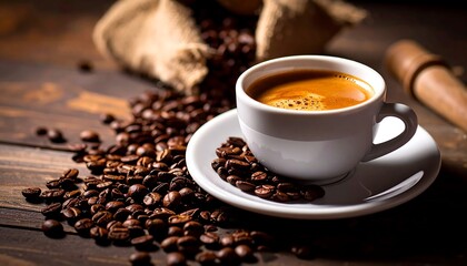 Obraz premium Espresso coffee, beans, burlap