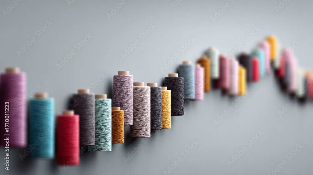Aufkleber a row of colorful spools of thread are hanging on a wall. the spools are of different colors and siz