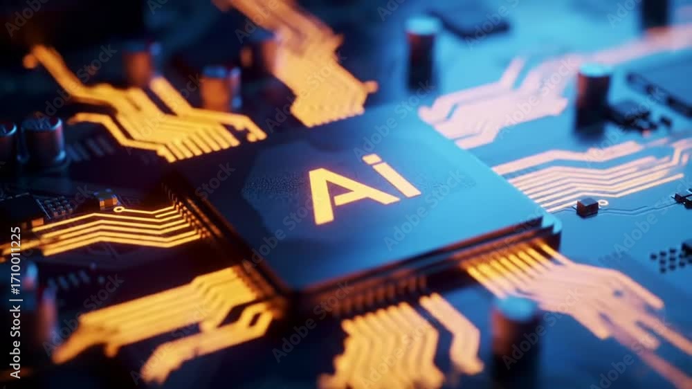 Poster illuminated ai microchip on circuit board with orange light