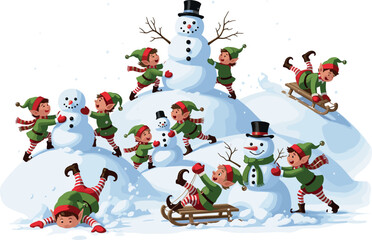Christmas elves having fun playing in the snow with snowmen