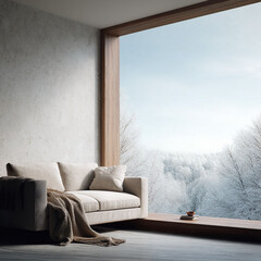 Serene interior featuring a sofa by a large window overlooking a snowcovered landscape. Evokes peace, tranquility, and the comfort of home during winter.