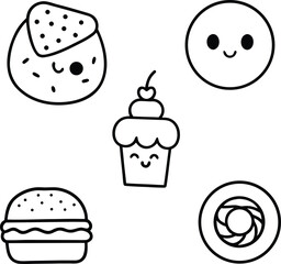 Cute kawaii style line art food icons on white background vector