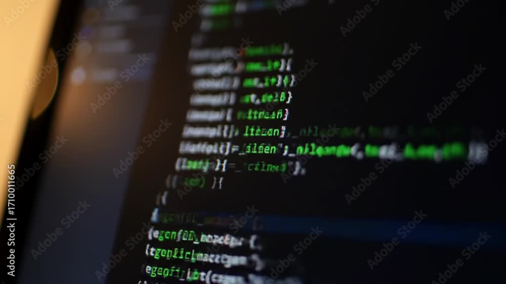 Poster macro shot of dark computer screen displaying green and blue code close up