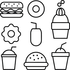 Outline icons of fast food items and drinks on white background burger hamburger